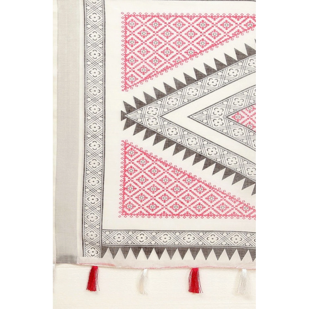 Women's Linen Printed Saree With Unstitched Blouse 5.5Mtr (Multicolor) - Image 2