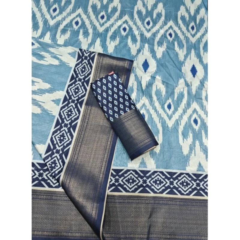 Alternative view of Women's Cotton Silk Printed Saree With Unstitched Blouse 5.5Mtr (Blue)