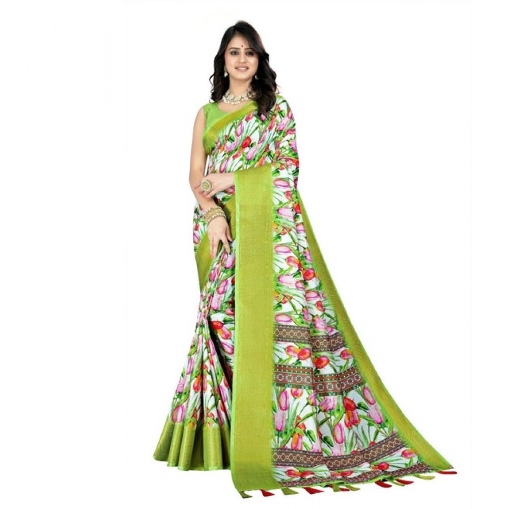 Women's Cotton Silk Floral Printed Saree With Unstitched Blouse 5.5Mtr (Green-White) - Image 3
