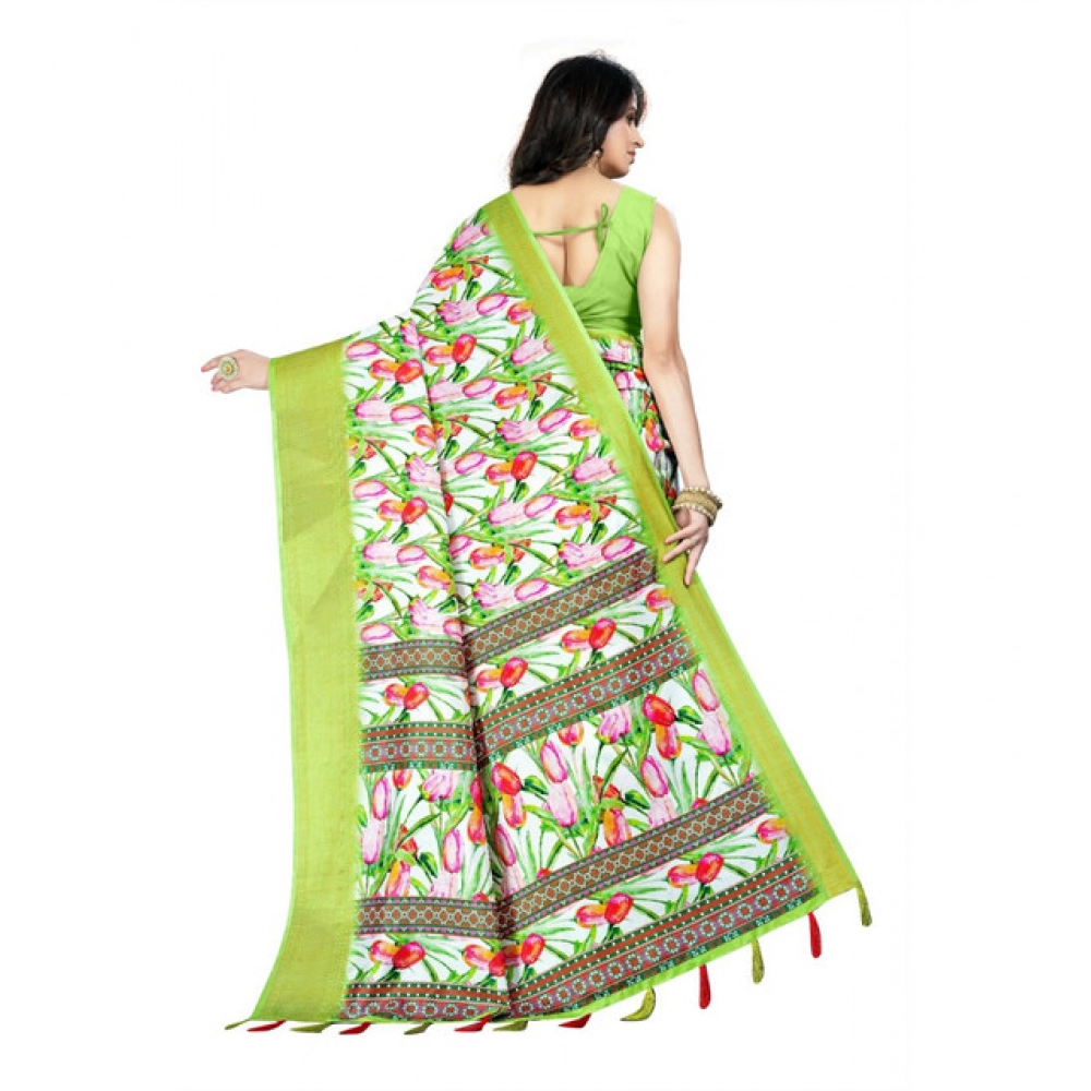 Women's Cotton Silk Floral Printed Saree With Unstitched Blouse 5.5Mtr (Green-White) - Image 2
