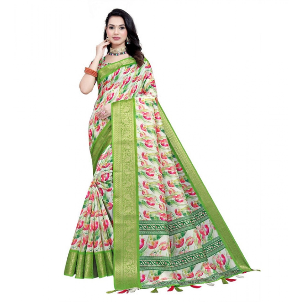 Women's Cotton Silk Floral Printed Saree With Unstitched Blouse 5.5Mtr (Green-White) - Image 4