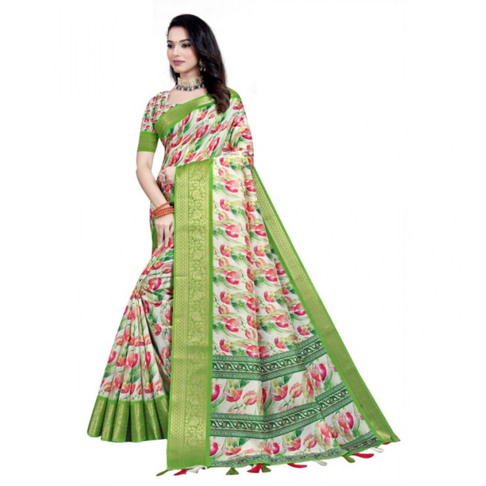 Women's Cotton Silk Floral Printed Saree With Unstitched Blouse 5.5Mtr (Green-White) - Image 3