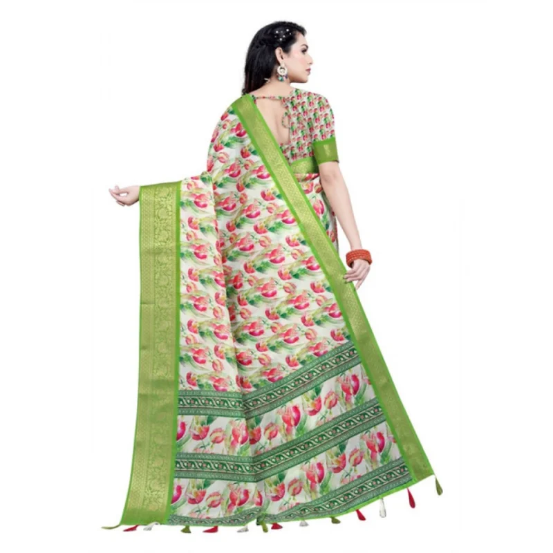 Alternative view of Women's Cotton Silk Floral Printed Saree With Unstitched Blouse 5.5Mtr (Green-White)