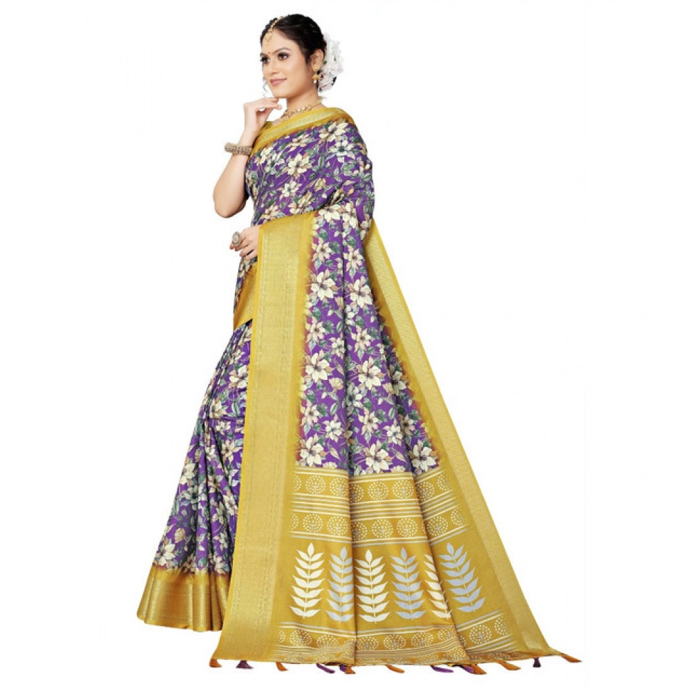 Women's Cotton Silk Floral Printed Saree With Unstitched Blouse 5.5Mtr (Purple) - Image 4