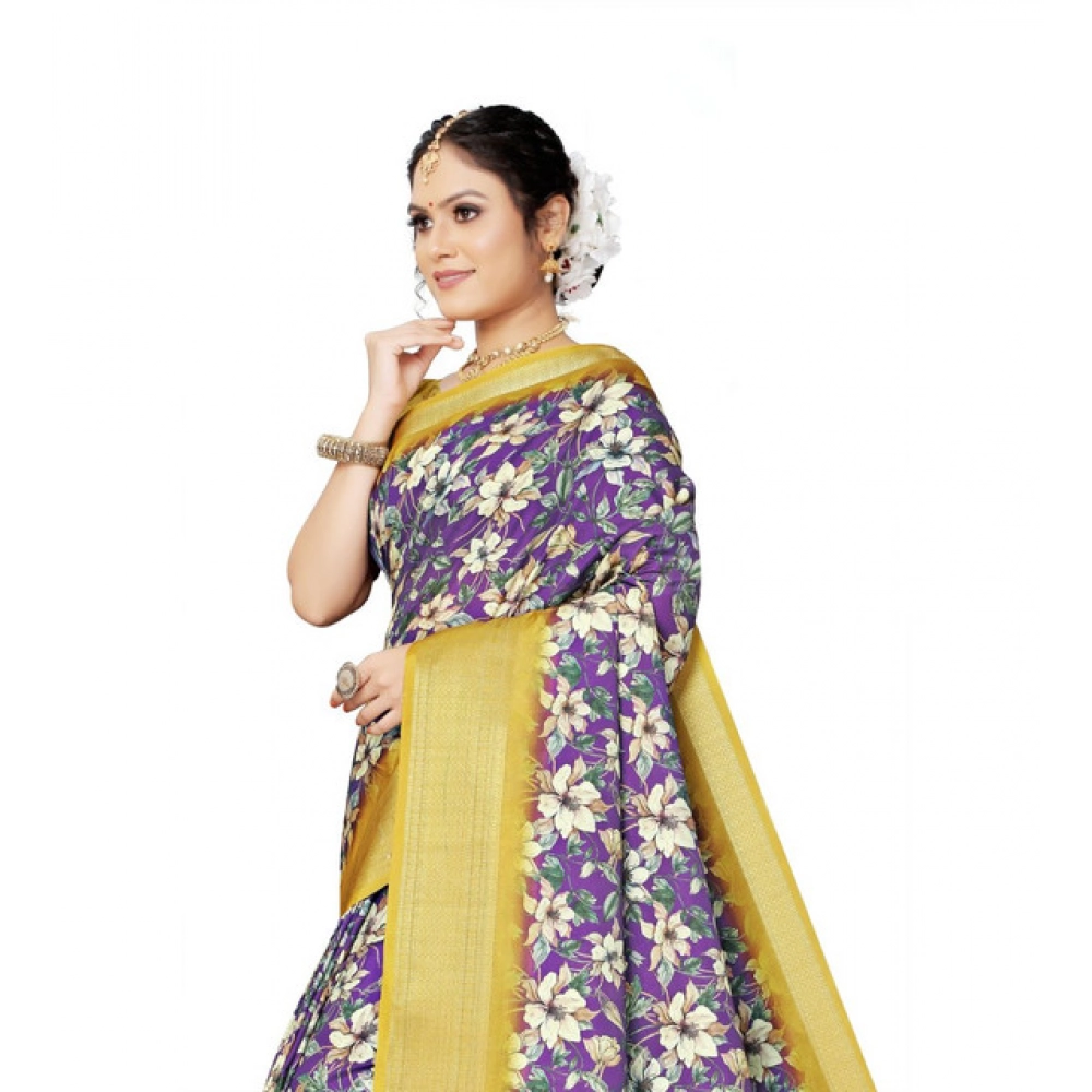 Women's Cotton Silk Floral Printed Saree With Unstitched Blouse 5.5Mtr (Purple) - Image 3