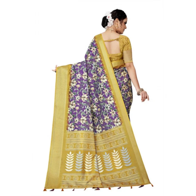 Alternative view of Women's Cotton Silk Floral Printed Saree With Unstitched Blouse 5.5Mtr (Purple)