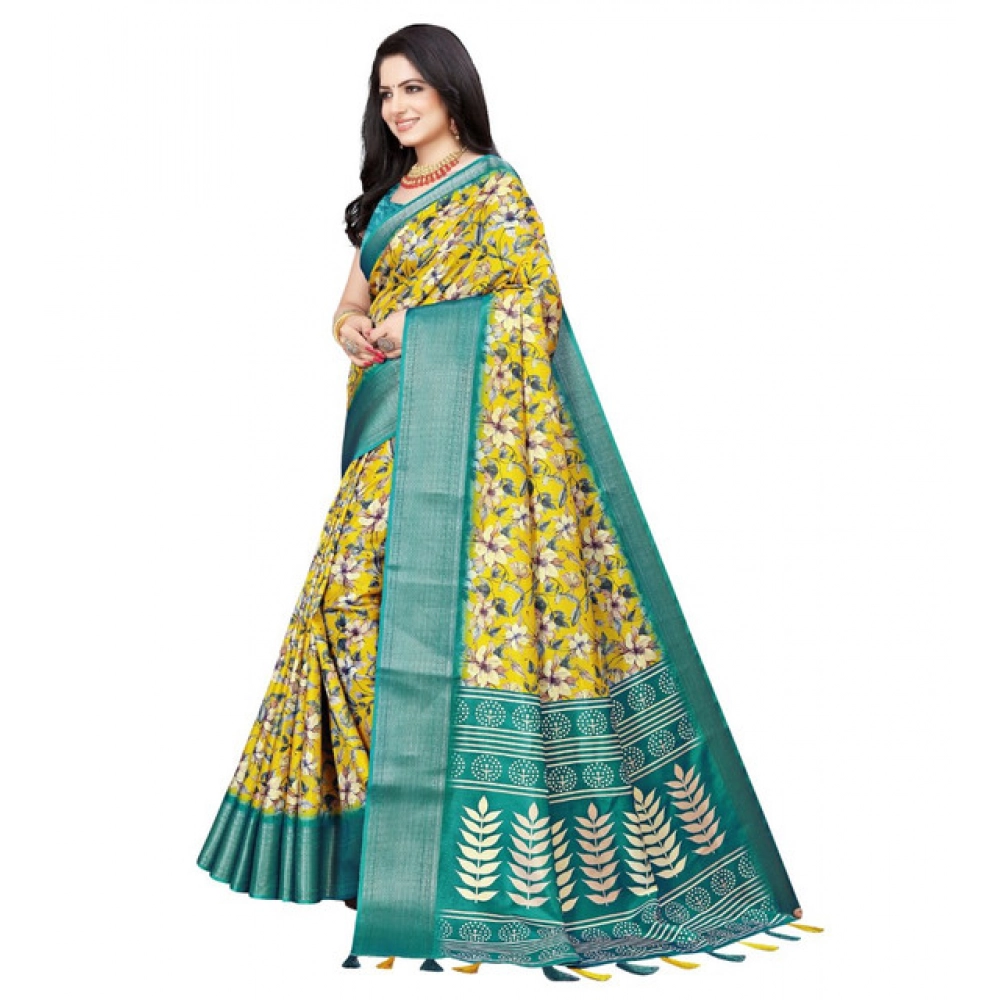 Women's Cotton Silk Floral Printed Saree With Unstitched Blouse 5.5Mtr (Yellow) - Image 4