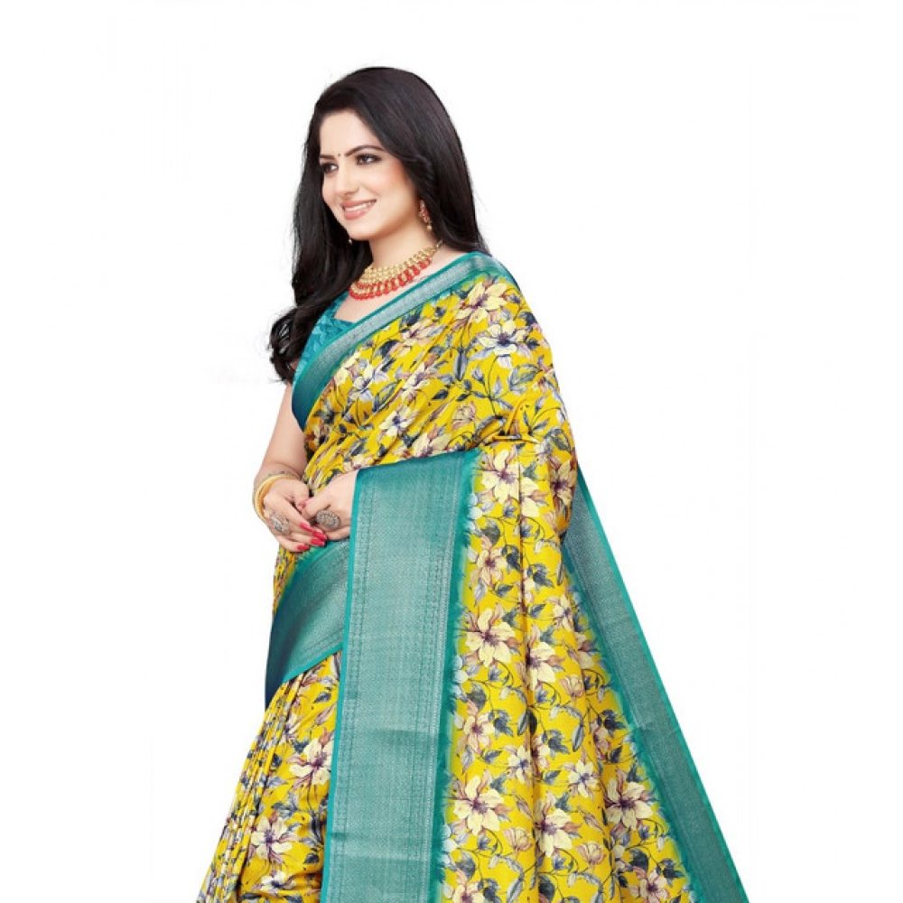 Women's Cotton Silk Floral Printed Saree With Unstitched Blouse 5.5Mtr (Yellow) - Image 3