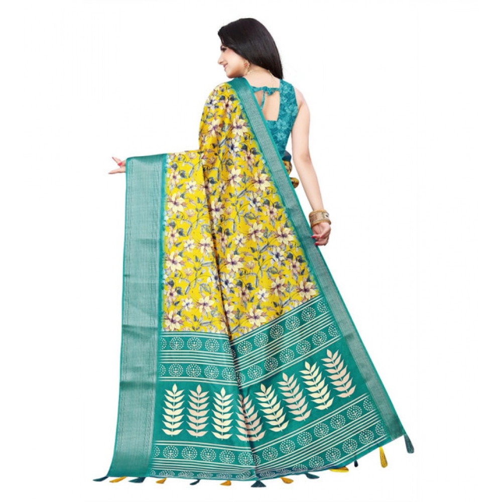 Women's Cotton Silk Floral Printed Saree With Unstitched Blouse 5.5Mtr (Yellow) - Image 2