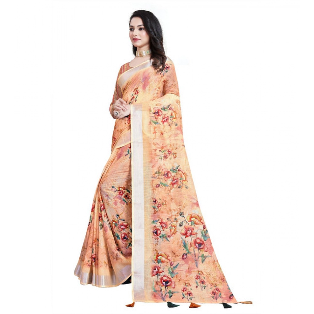 Women's Cotton Silk Floral Printed Saree With Unstitched Blouse 5.5Mtr (Peach) - Image 4