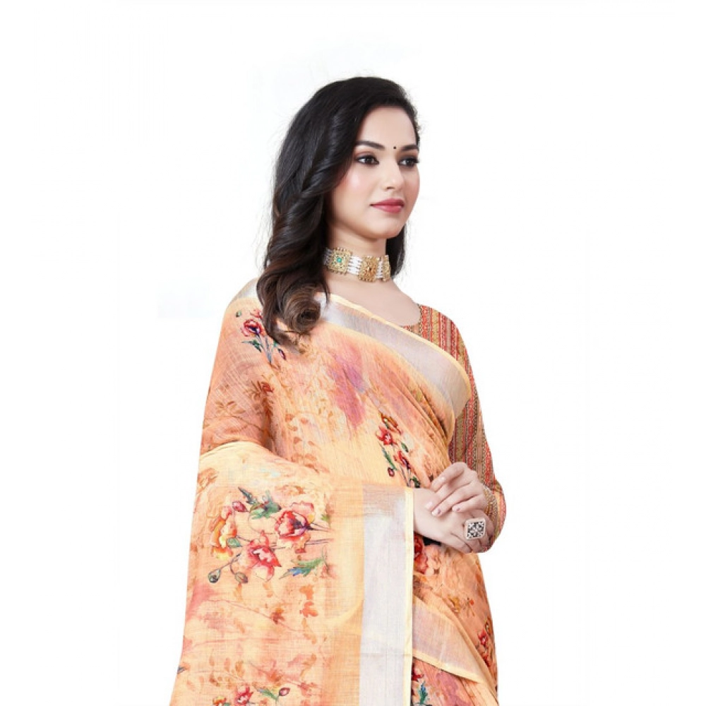 Women's Cotton Silk Floral Printed Saree With Unstitched Blouse 5.5Mtr (Peach) - Image 3