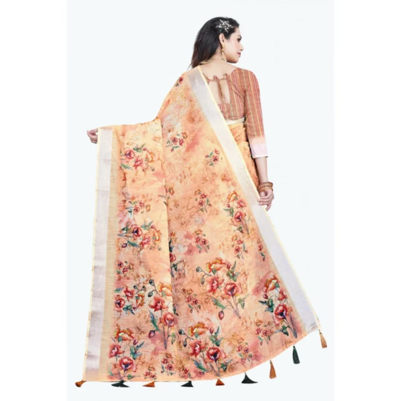 Alternative view of Women's Cotton Silk Floral Printed Saree With Unstitched Blouse 5.5Mtr (Peach)