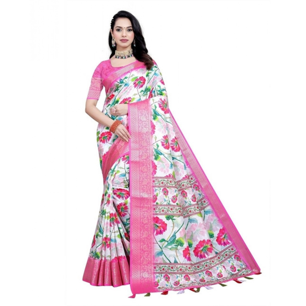 Women's Cotton Silk Floral Printed Saree With Unstitched Blouse 5.5Mtr (Pink-White) - Image 4