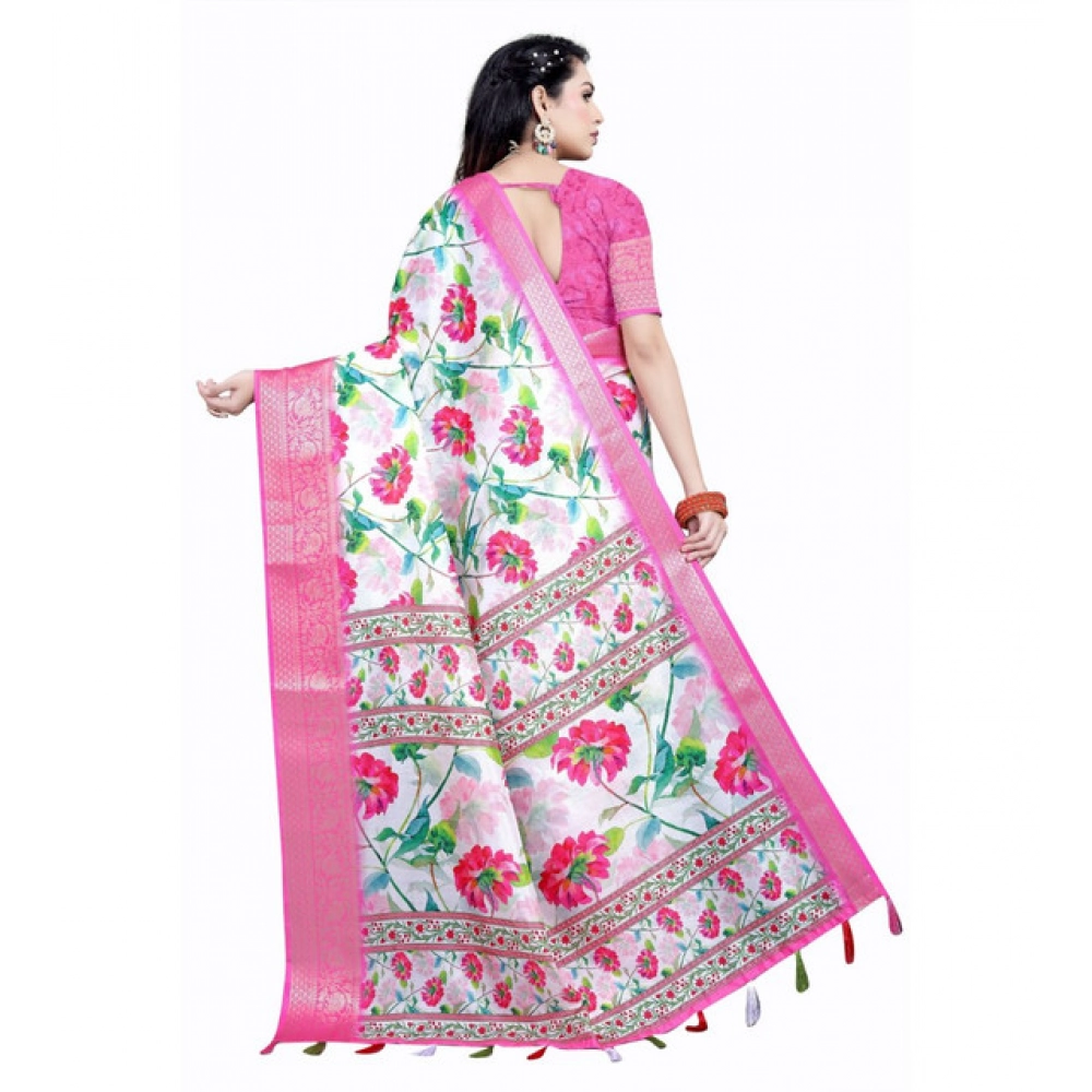 Women's Cotton Silk Floral Printed Saree With Unstitched Blouse 5.5Mtr (Pink-White) - Image 3