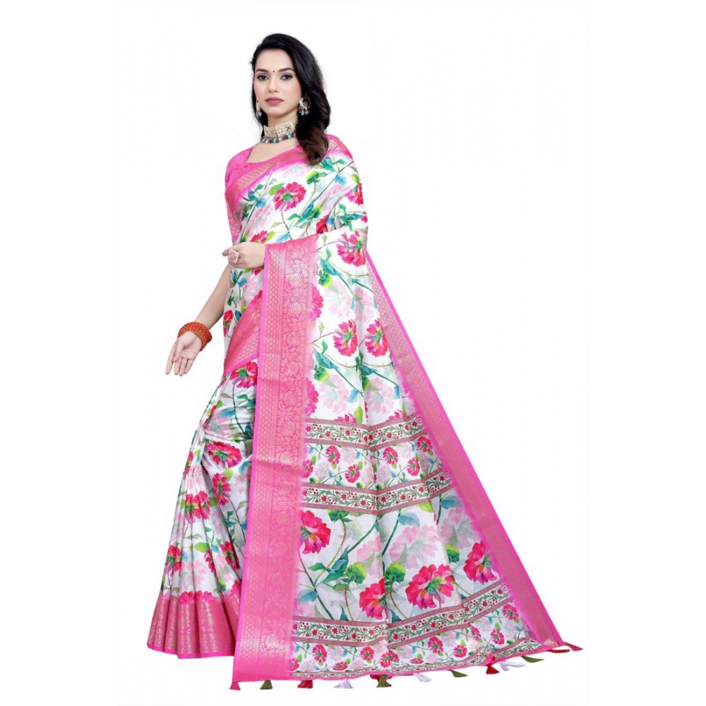 Women's Cotton Silk Floral Printed Saree With Unstitched Blouse 5.5Mtr (Pink-White) - Image 2
