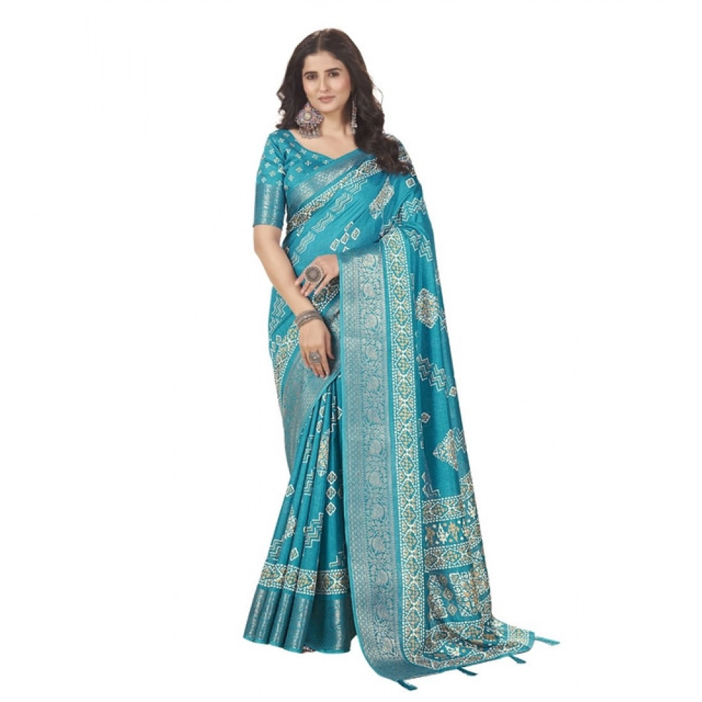 Women's Cotton Silk Printed Saree With Unstitched Blouse 5.5Mtr (Teal) - Image 7