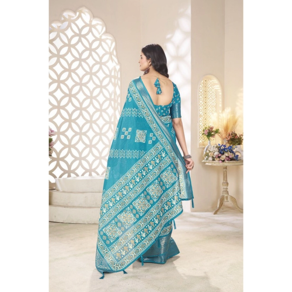 Women's Cotton Silk Printed Saree With Unstitched Blouse 5.5Mtr (Teal) - Image 6