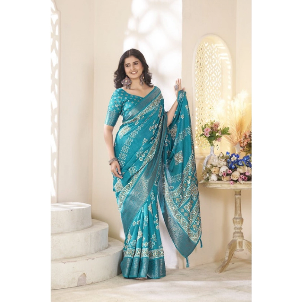 Women's Cotton Silk Printed Saree With Unstitched Blouse 5.5Mtr (Teal) - Image 5
