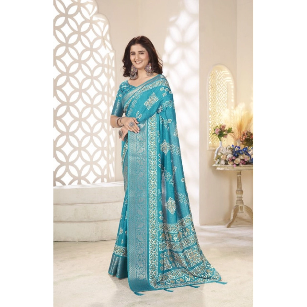Women's Cotton Silk Printed Saree With Unstitched Blouse 5.5Mtr (Teal) - Image 4