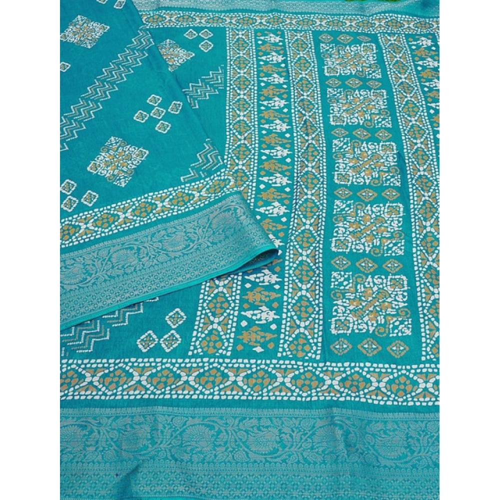 Women's Cotton Silk Printed Saree With Unstitched Blouse 5.5Mtr (Teal) - Image 3