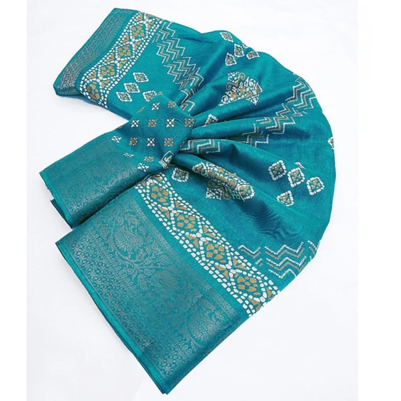 Alternative view of Women's Cotton Silk Printed Saree With Unstitched Blouse 5.5Mtr (Teal)