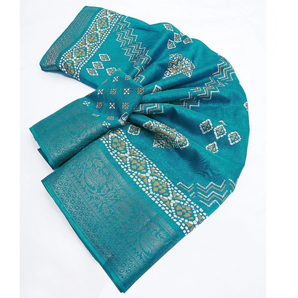 Women's Cotton Silk Printed Saree With Unstitched Blouse 5.5Mtr (Teal) - Image 2