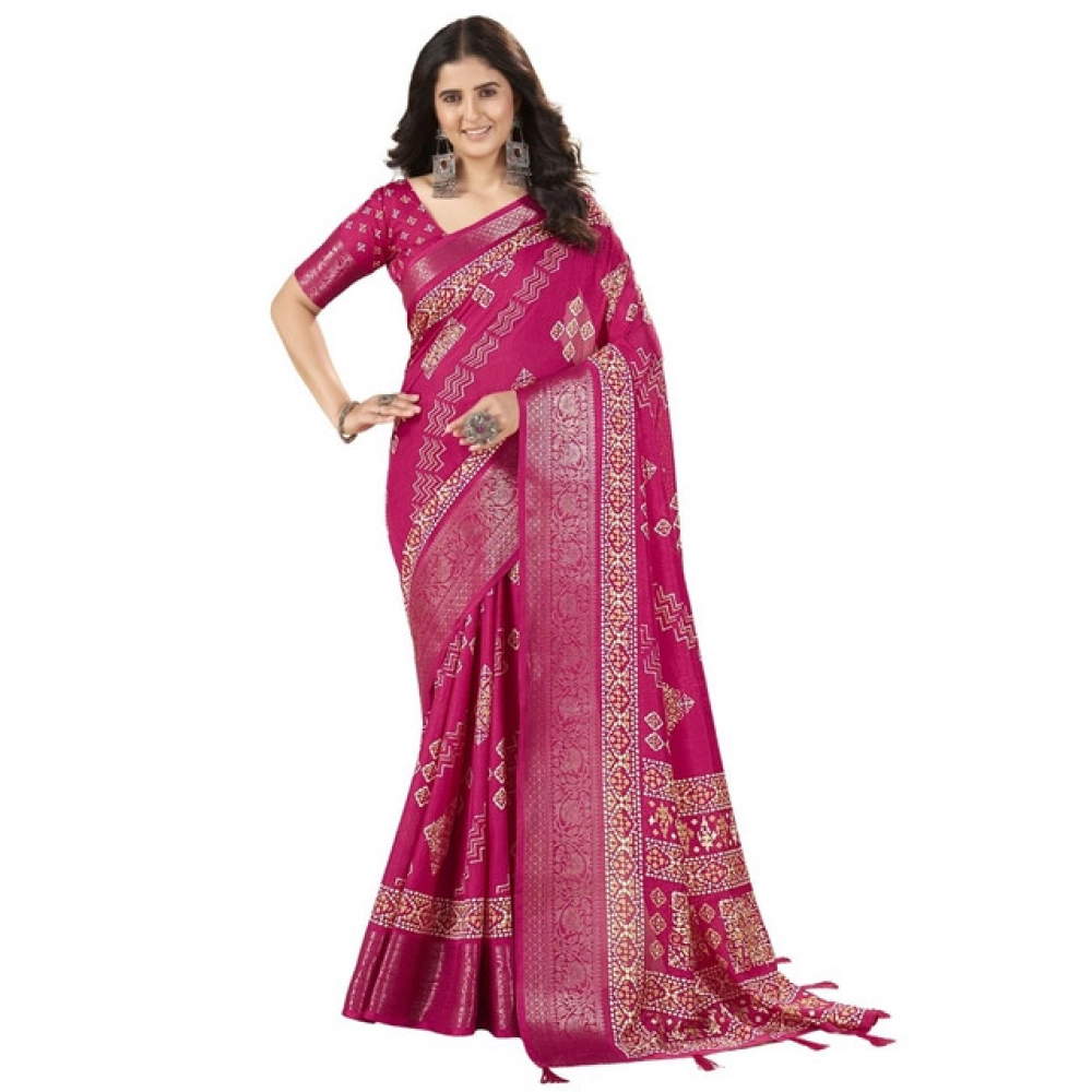Women's Cotton Silk Printed Saree With Unstitched Blouse 5.5Mtr (Pink) - Image 7