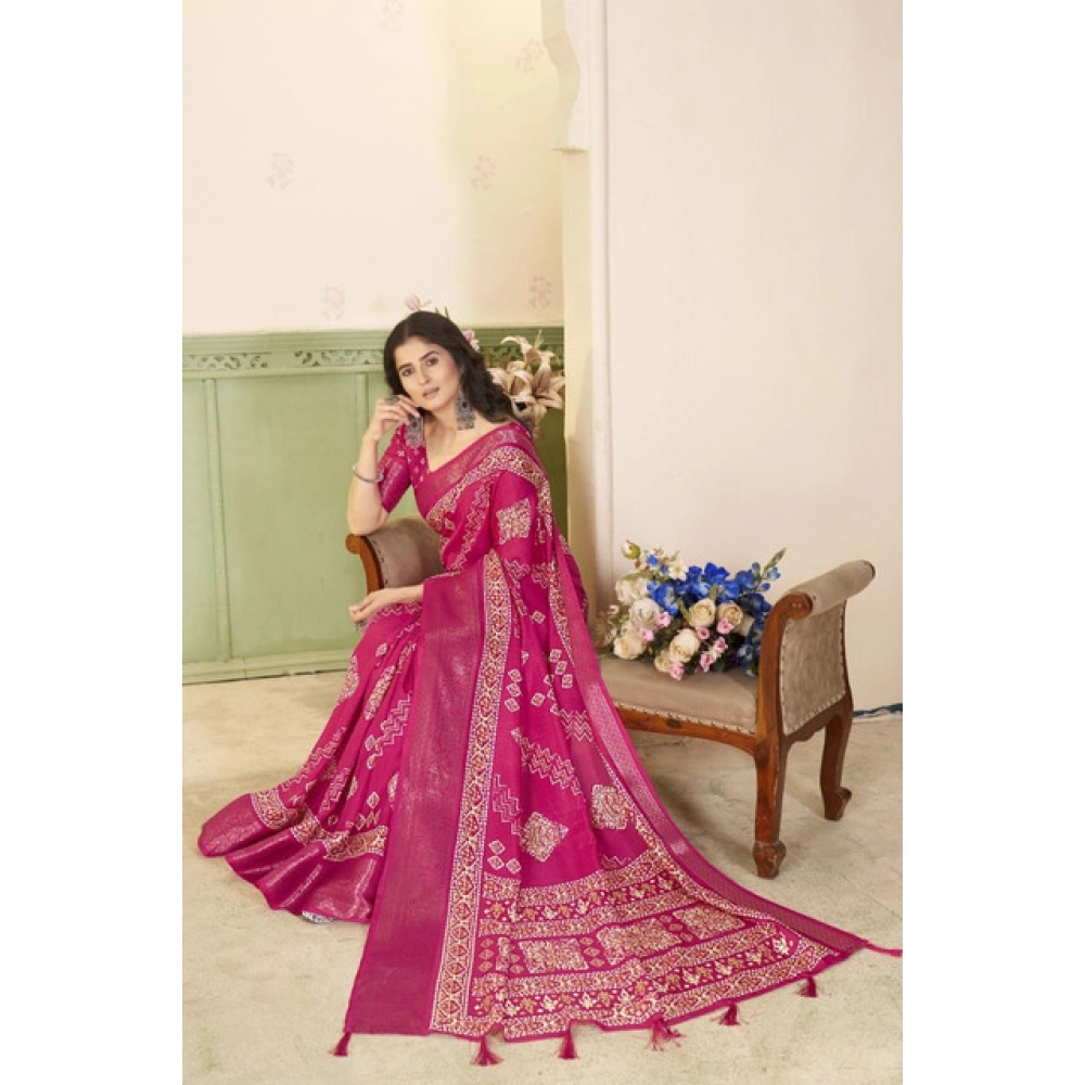 Women's Cotton Silk Printed Saree With Unstitched Blouse 5.5Mtr (Pink) - Image 5