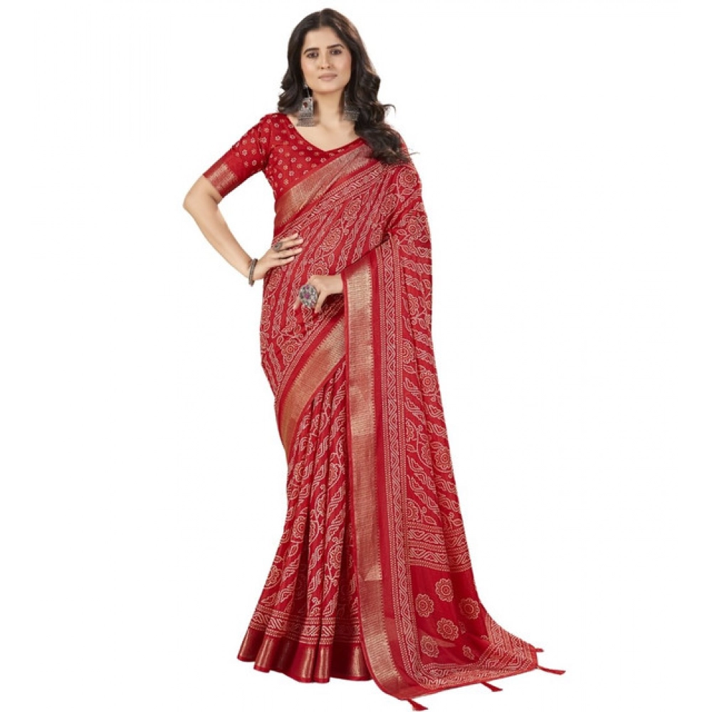 Women's Cotton Silk Printed Saree With Unstitched Blouse 5.5Mtr (Red) - Image 6