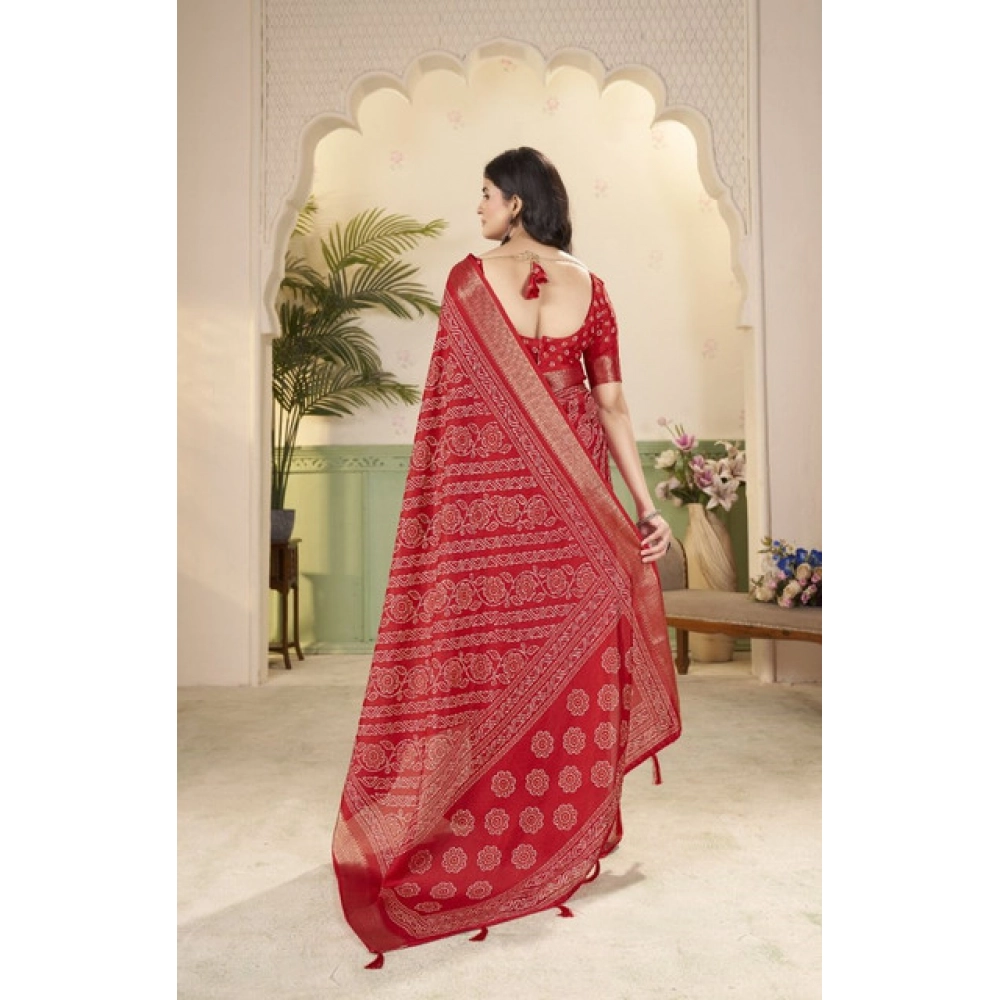 Women's Cotton Silk Printed Saree With Unstitched Blouse 5.5Mtr (Red) - Image 5