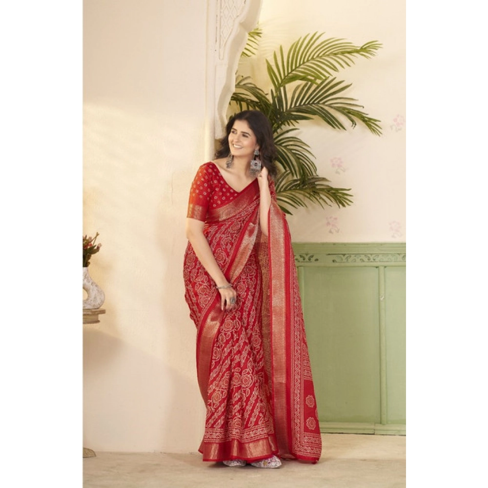 Women's Cotton Silk Printed Saree With Unstitched Blouse 5.5Mtr (Red) - Image 4