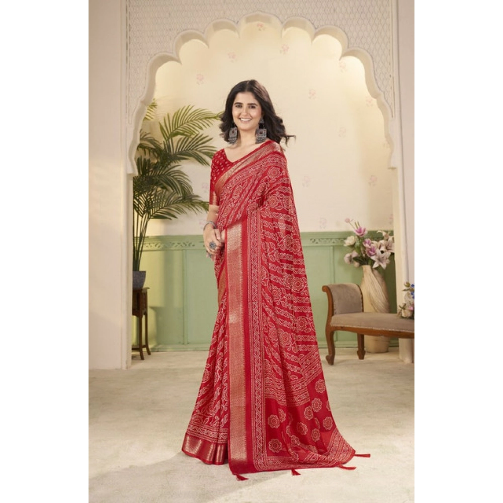 Women's Cotton Silk Printed Saree With Unstitched Blouse 5.5Mtr (Red) - Image 3
