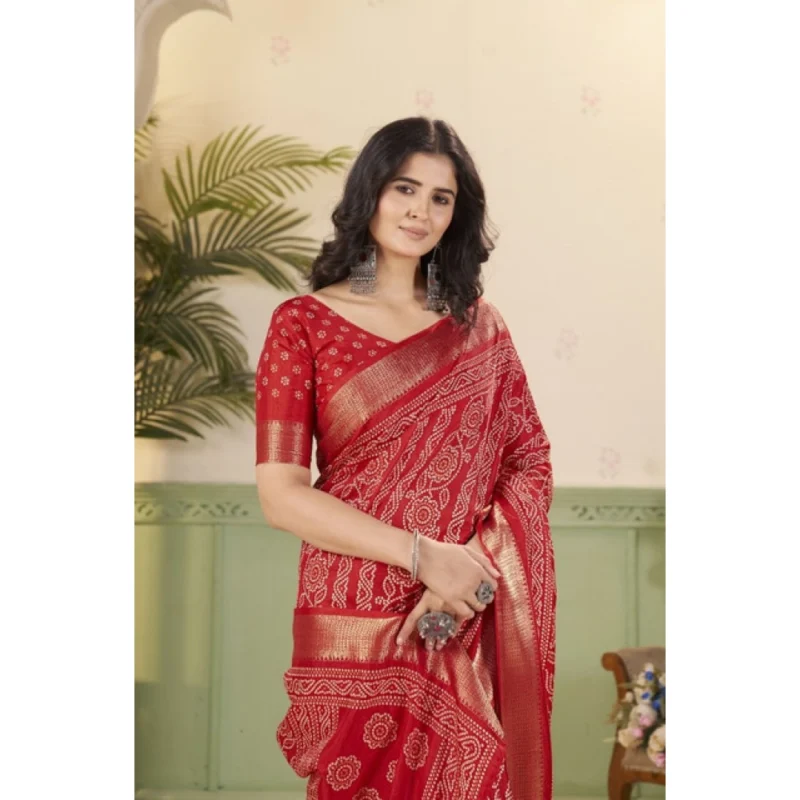 Alternative view of Women's Cotton Silk Printed Saree With Unstitched Blouse 5.5Mtr (Red)