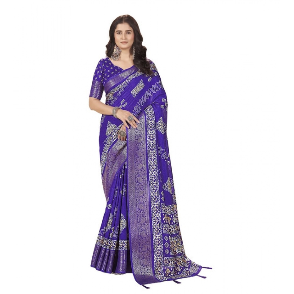 Women's Cotton Silk Printed Saree With Unstitched Blouse 5.5Mtr (Royal Blue) - Image 7