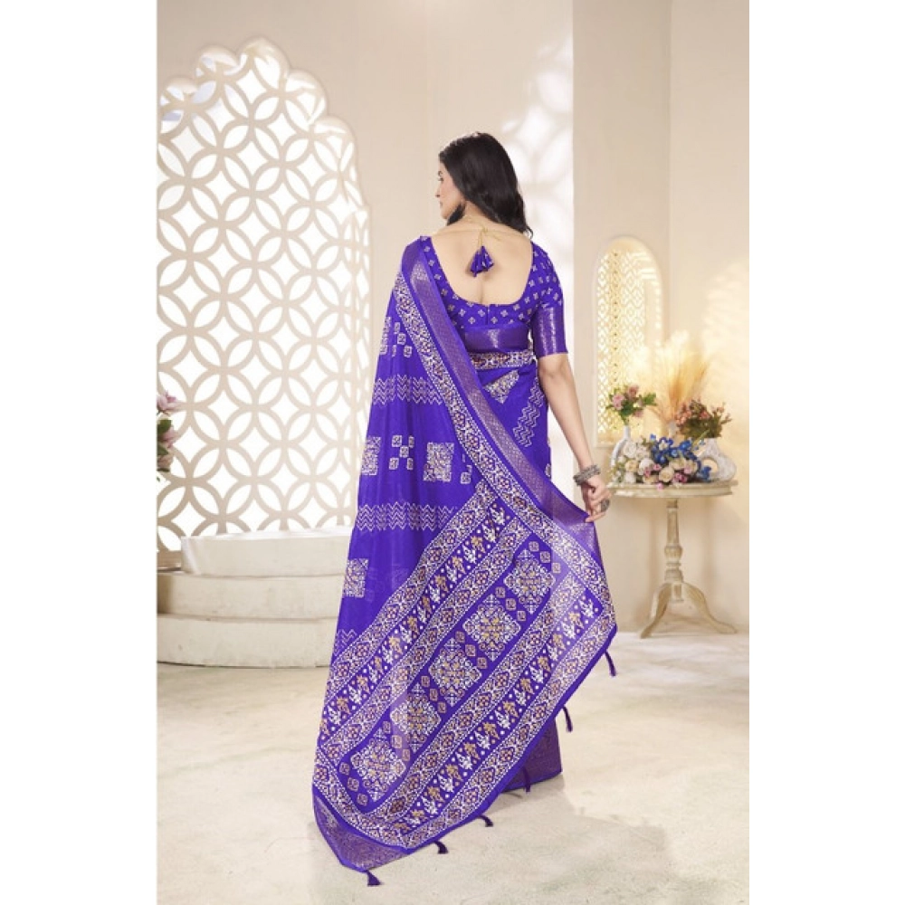 Women's Cotton Silk Printed Saree With Unstitched Blouse 5.5Mtr (Royal Blue) - Image 6