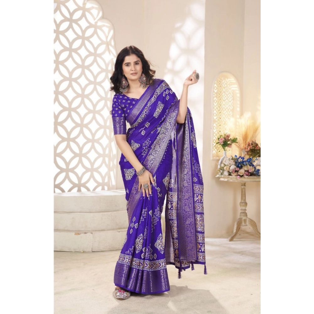 Women's Cotton Silk Printed Saree With Unstitched Blouse 5.5Mtr (Royal Blue) - Image 5
