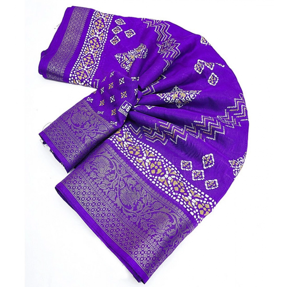 Women's Cotton Silk Printed Saree With Unstitched Blouse 5.5Mtr (Royal Blue) - Image 2
