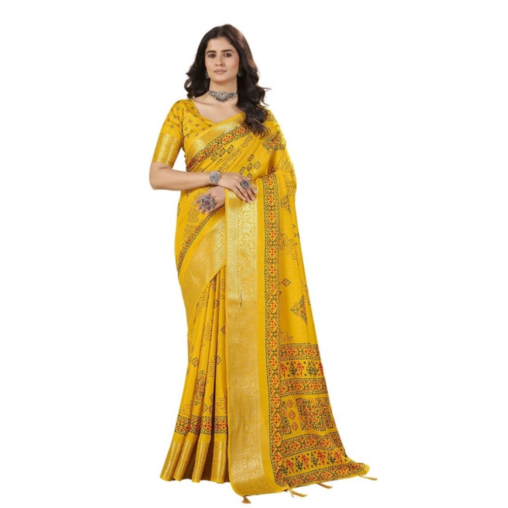 Women's Cotton Silk Printed Saree With Unstitched Blouse 5.5Mtr (Yellow) - Image 7