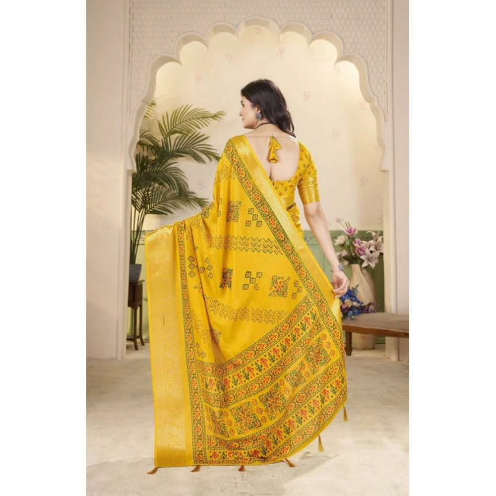 Women's Cotton Silk Printed Saree With Unstitched Blouse 5.5Mtr (Yellow) - Image 6