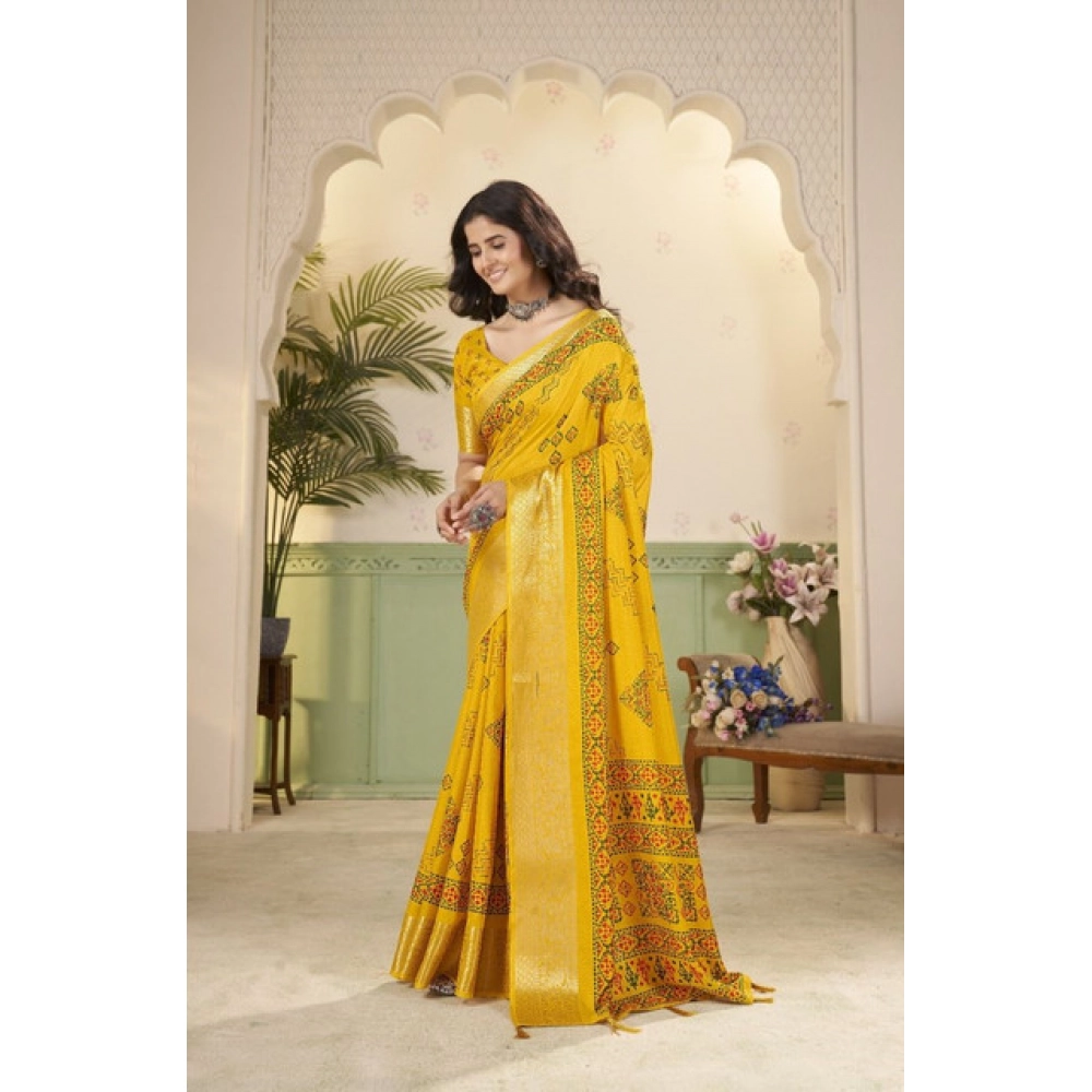 Women's Cotton Silk Printed Saree With Unstitched Blouse 5.5Mtr (Yellow) - Image 5