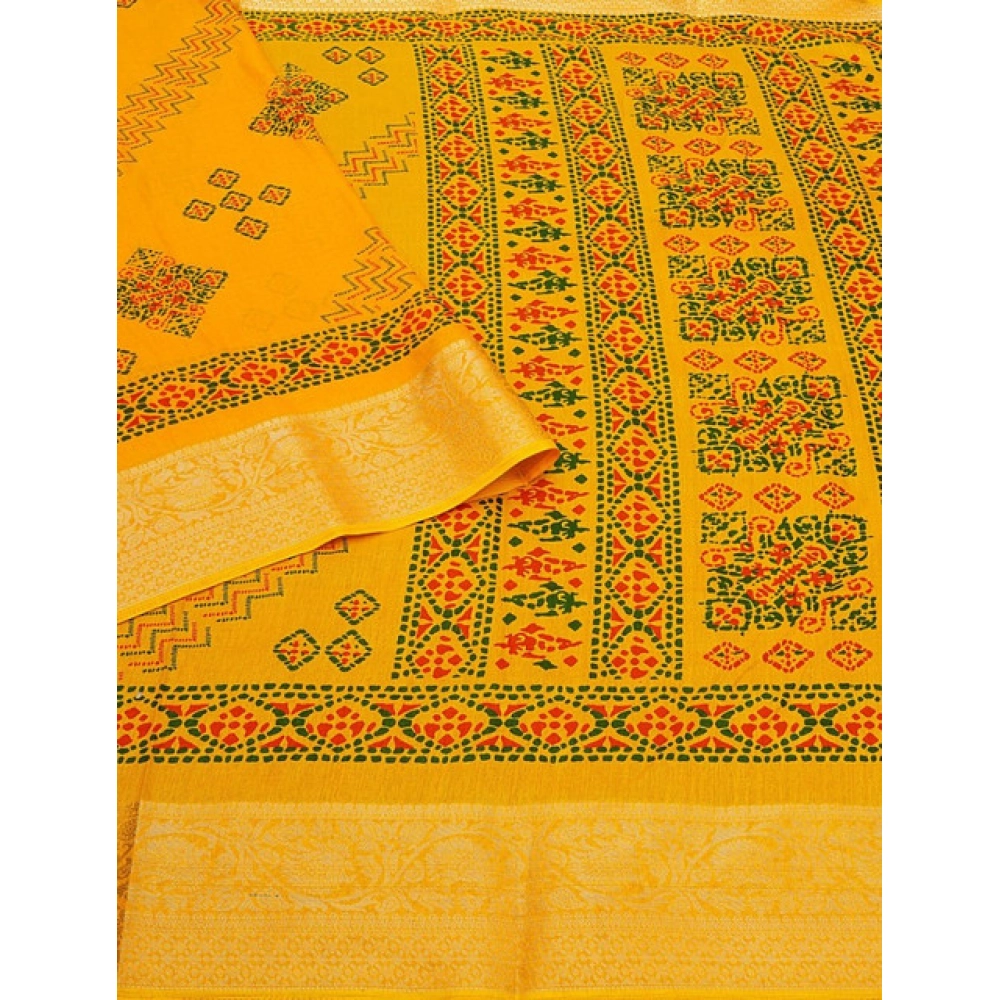 Women's Cotton Silk Printed Saree With Unstitched Blouse 5.5Mtr (Yellow) - Image 4