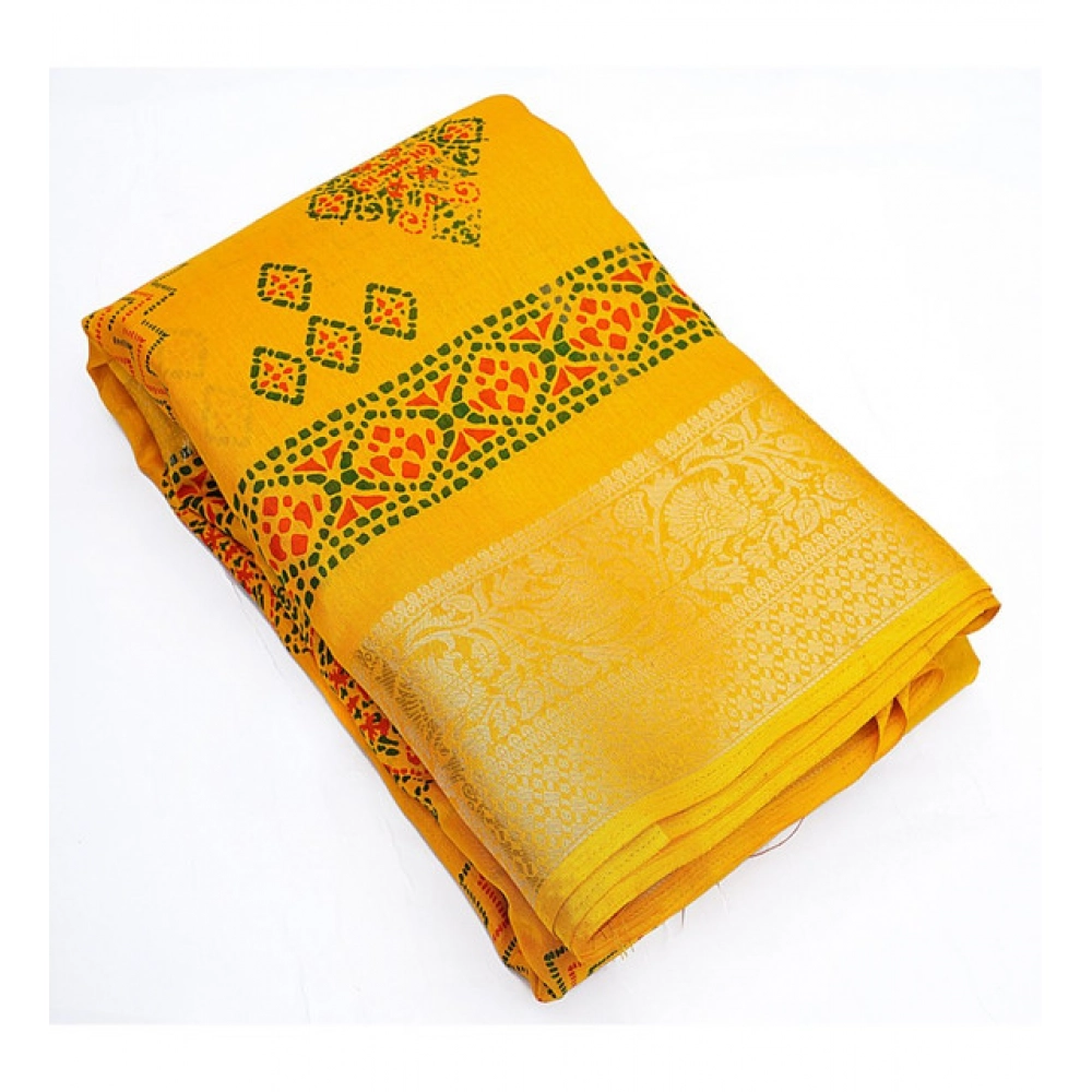 Women's Cotton Silk Printed Saree With Unstitched Blouse 5.5Mtr (Yellow) - Image 3
