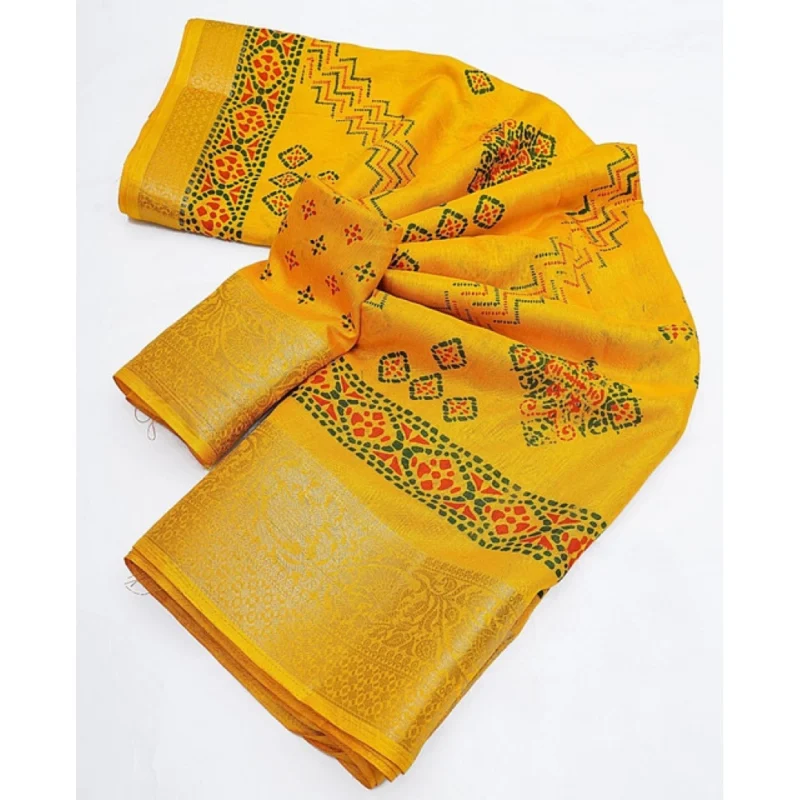 Alternative view of Women's Cotton Silk Printed Saree With Unstitched Blouse 5.5Mtr (Yellow)