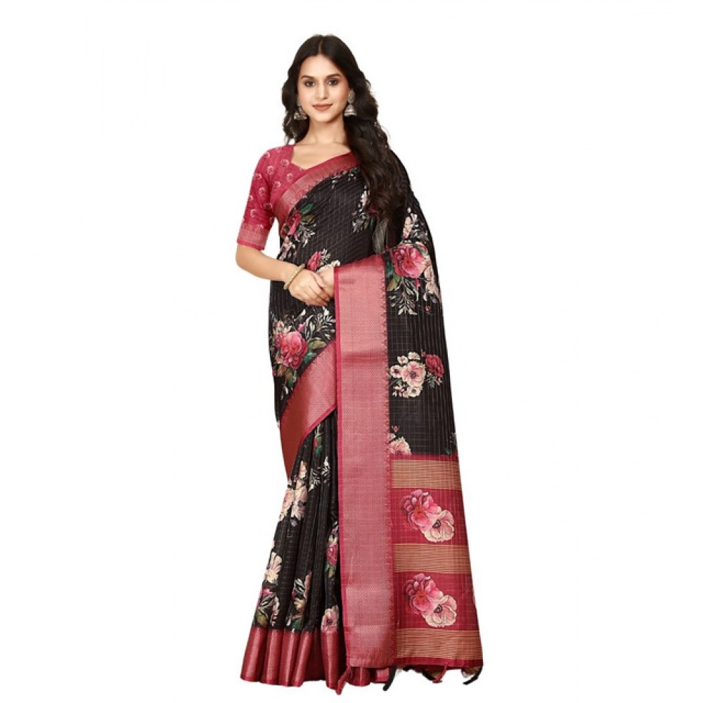 Women's Cotton Silk Floral Printed Saree With Unstitched Blouse 5.5Mtr (Black) - Image 7