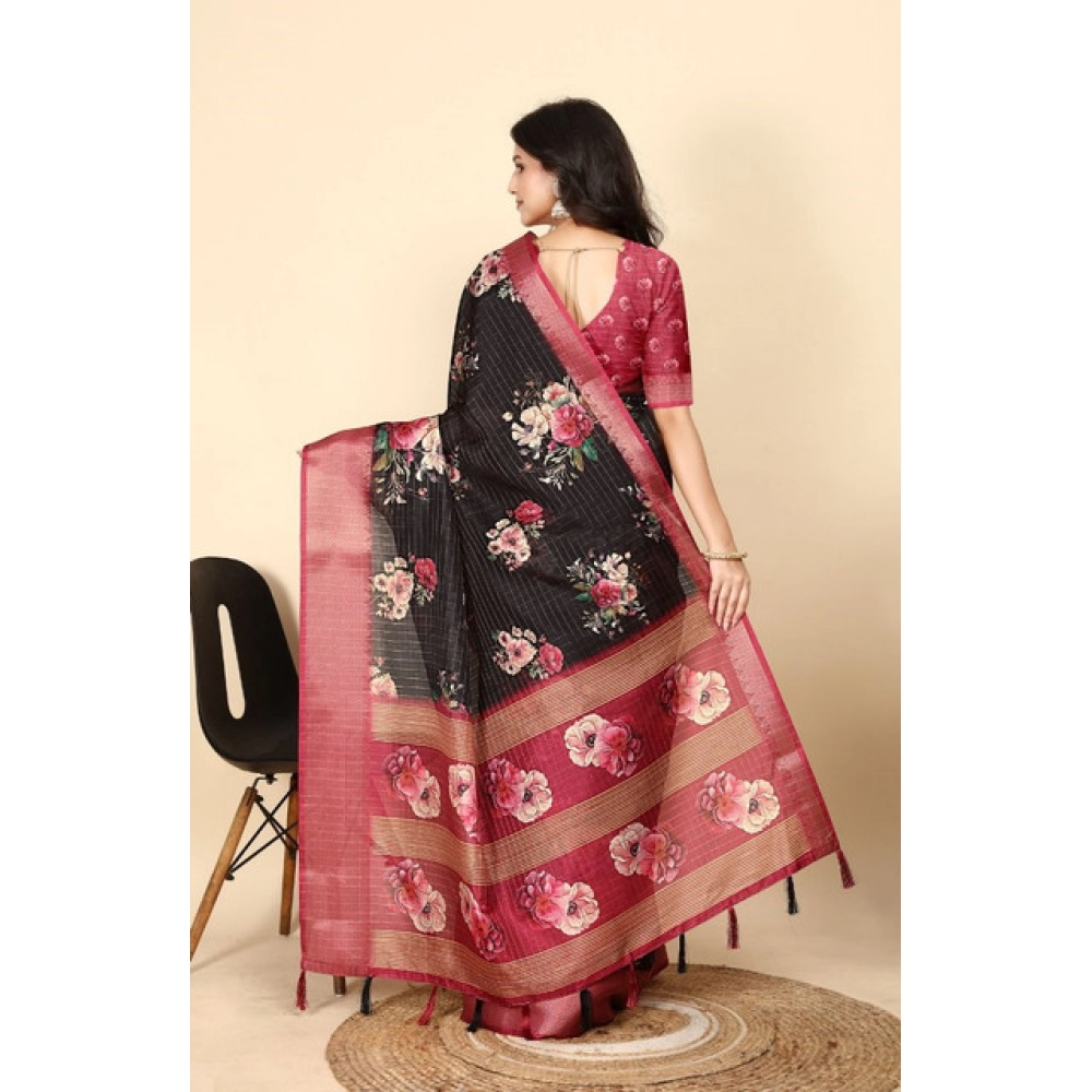 Women's Cotton Silk Floral Printed Saree With Unstitched Blouse 5.5Mtr (Black) - Image 6