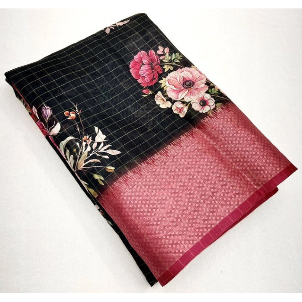 Women's Cotton Silk Floral Printed Saree With Unstitched Blouse 5.5Mtr (Black) - Image 5