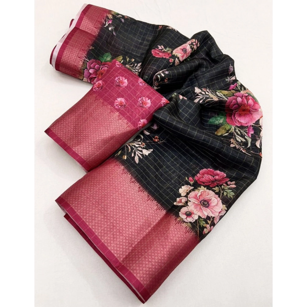 Women's Cotton Silk Floral Printed Saree With Unstitched Blouse 5.5Mtr (Black) - Image 3