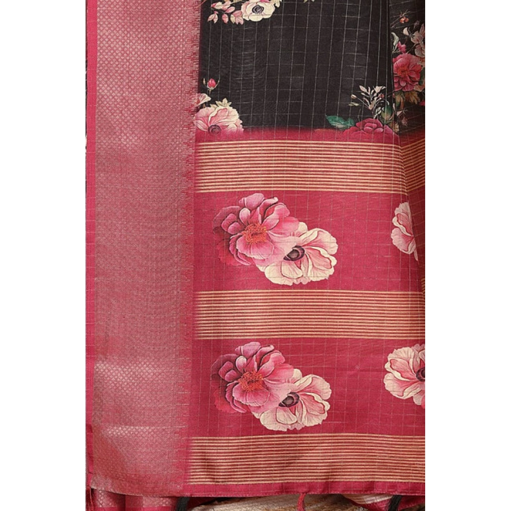 Women's Cotton Silk Floral Printed Saree With Unstitched Blouse 5.5Mtr (Black) - Image 2