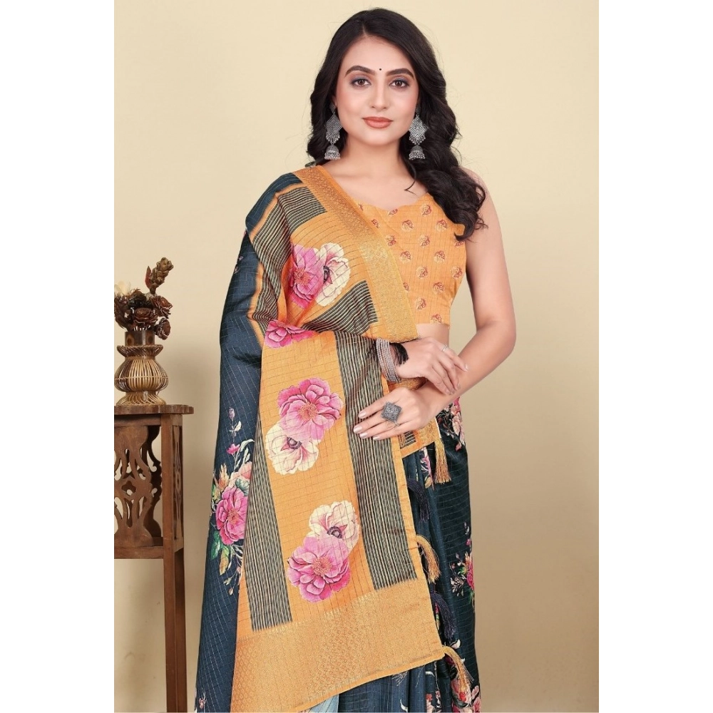 Women's Cotton Silk Floral Printed Saree With Unstitched Blouse 5.5Mtr (Blue)