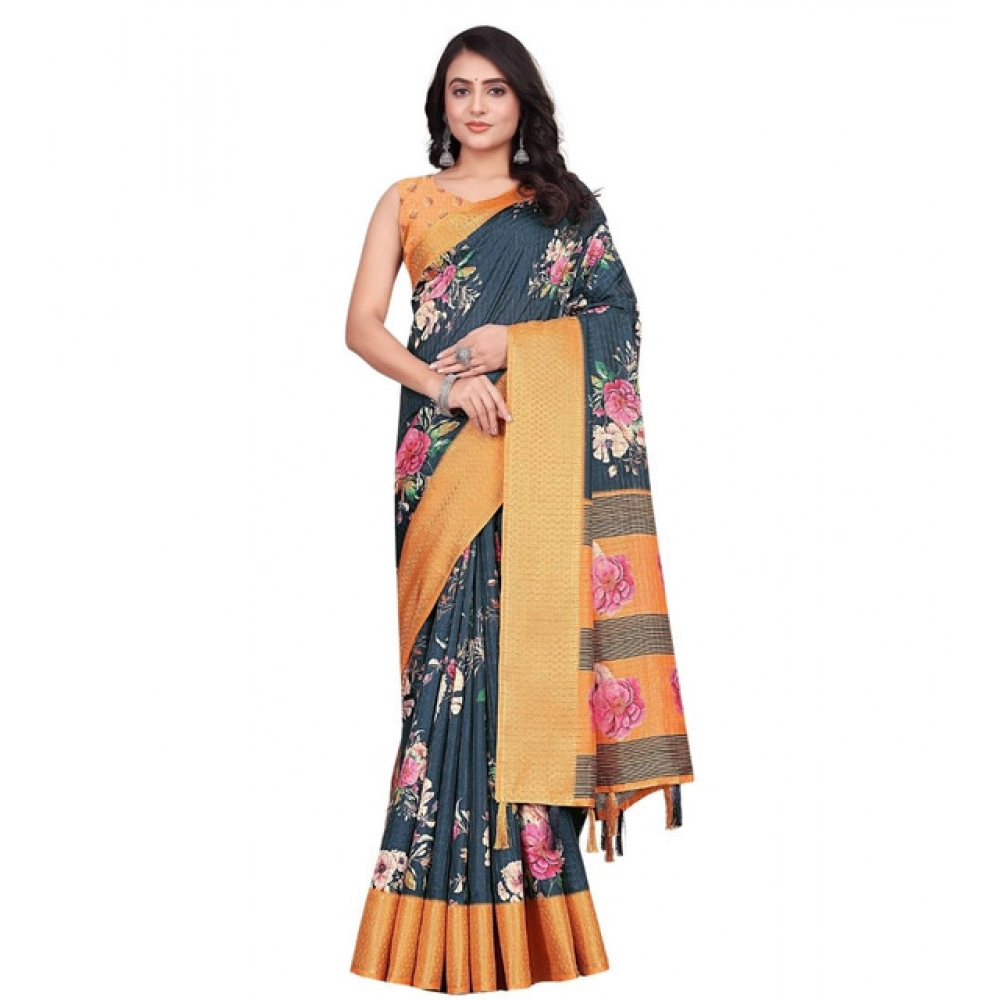 Women's Cotton Silk Floral Printed Saree With Unstitched Blouse 5.5Mtr (Blue) - Image 6